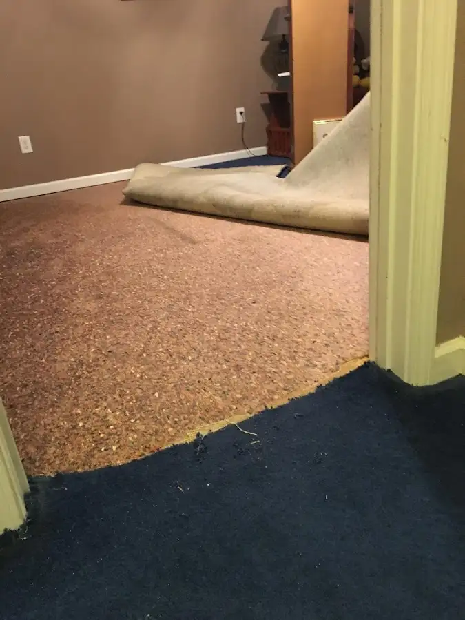 Carpet pad removal revealing water damage during Water Mitigation Services in Muskegon Heights